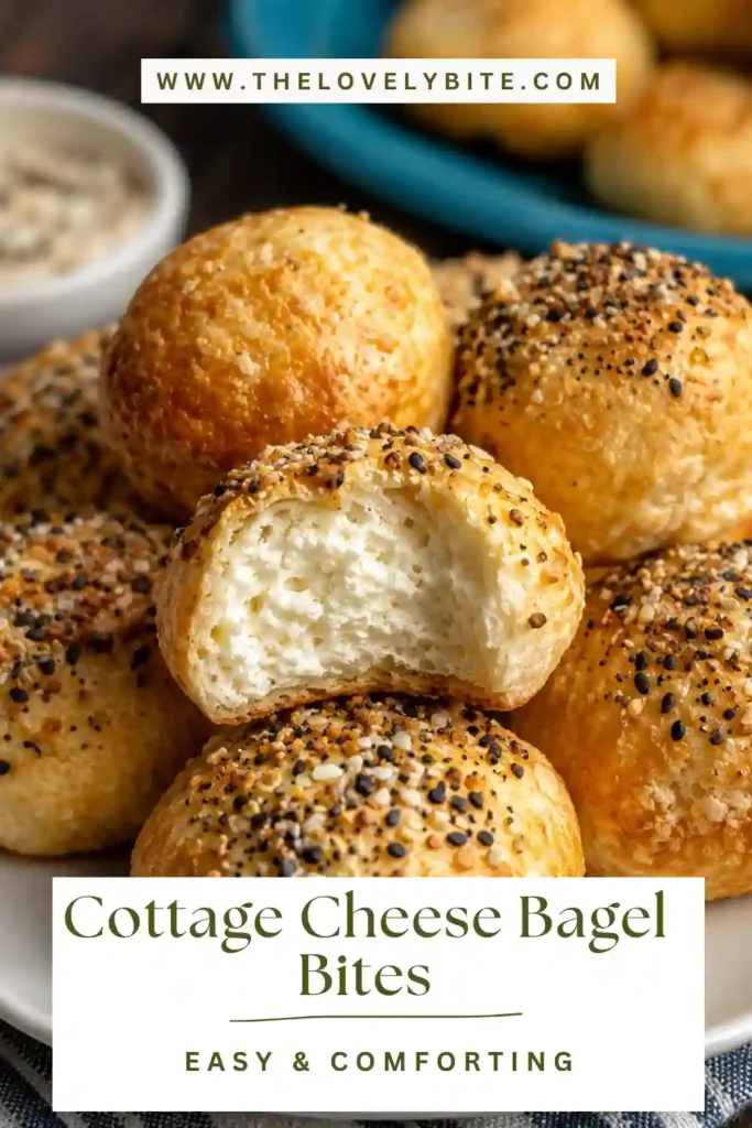Homemade Cottage Cheese Bagel Bites arranged on a plate with cream cheese for dipping.