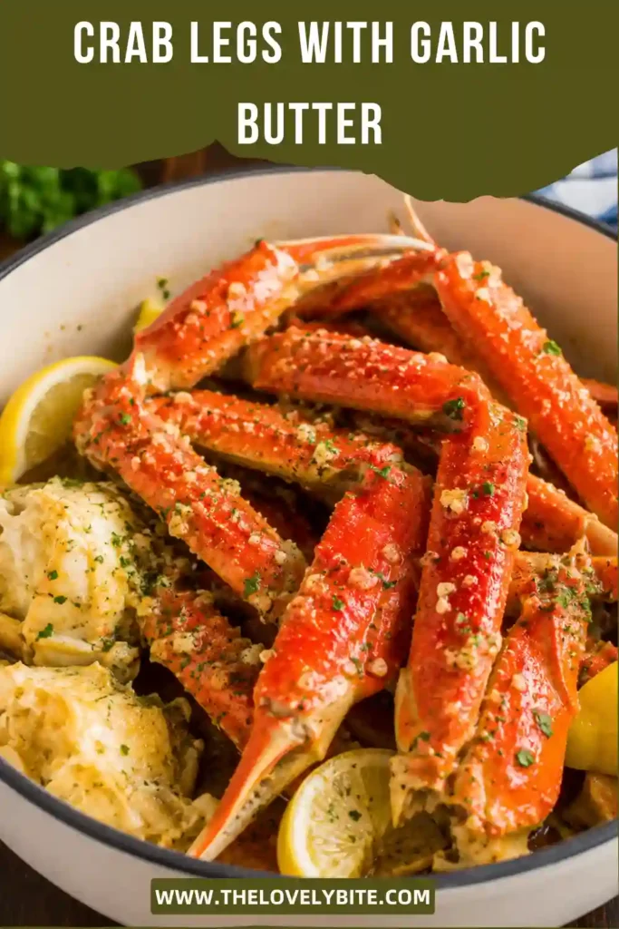 Fresh steamed crab legs tossed in buttery garlic sauce with chopped parsley and lemon wedges. A quick and elegant seafood meal.