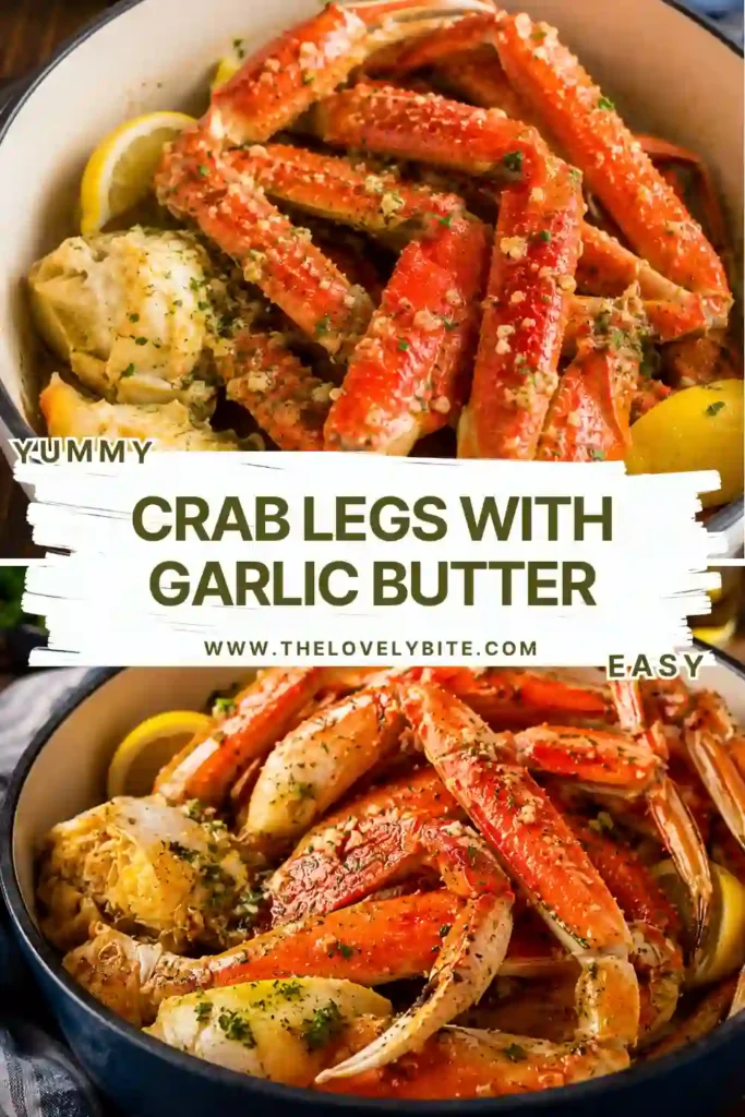 Tender king crab legs coated in garlic butter and garnished with parsley. This easy seafood recipe is served with lemon wedges for added freshness.