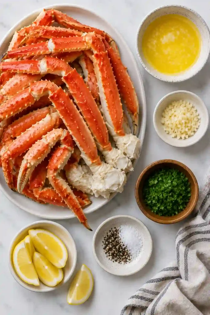 A seafood platter featuring crab legs covered in garlic butter with fresh herbs and lemon. An easy restaurant-style dinner made at home.