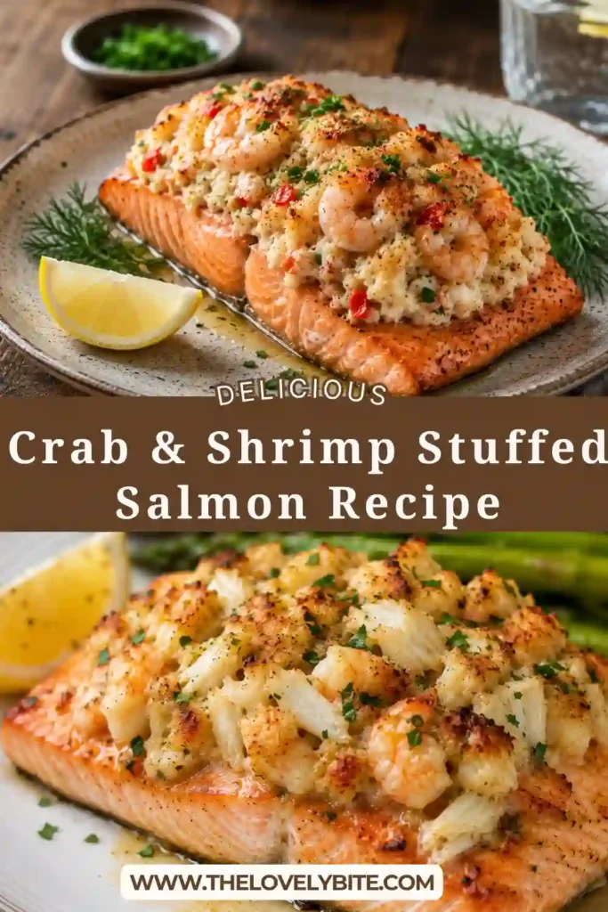 A baked Crab & Shrimp Stuffed Salmon fillet filled with creamy crab meat and chopped shrimp, garnished with fresh parsley. The salmon is flaky, golden, and served fresh from the oven.