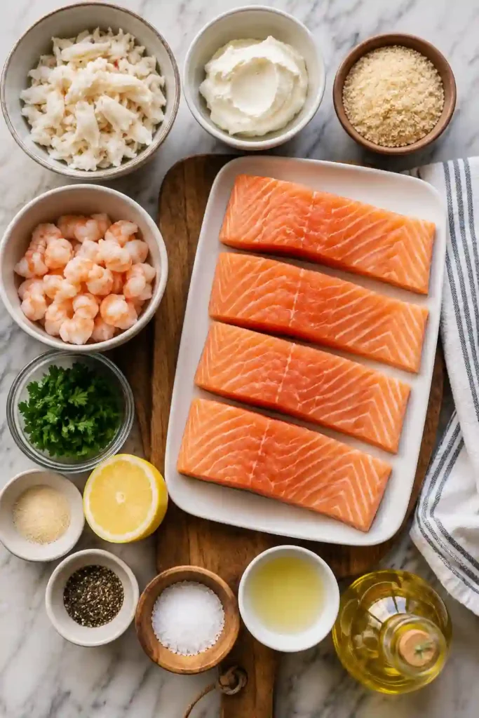 Close-up of Crab & Shrimp Stuffed Salmon with creamy seafood filling visible inside the flaky salmon fillet. Finished with chopped parsley and served warm.