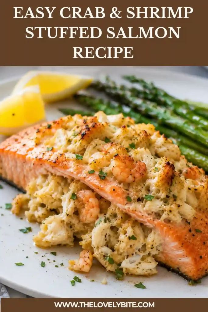 Golden seafood stuffed salmon filled with creamy crab stuffing and shrimp, served with fresh herbs and lemon wedges. A restaurant-quality seafood entrée made at home.