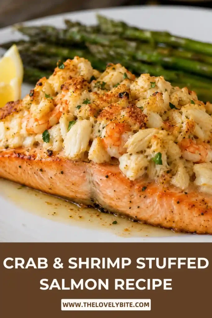Fresh baked salmon stuffed with crab meat, shrimp, cream cheese, and herbs on a serving platter. A hearty seafood dinner with rich, creamy filling.
