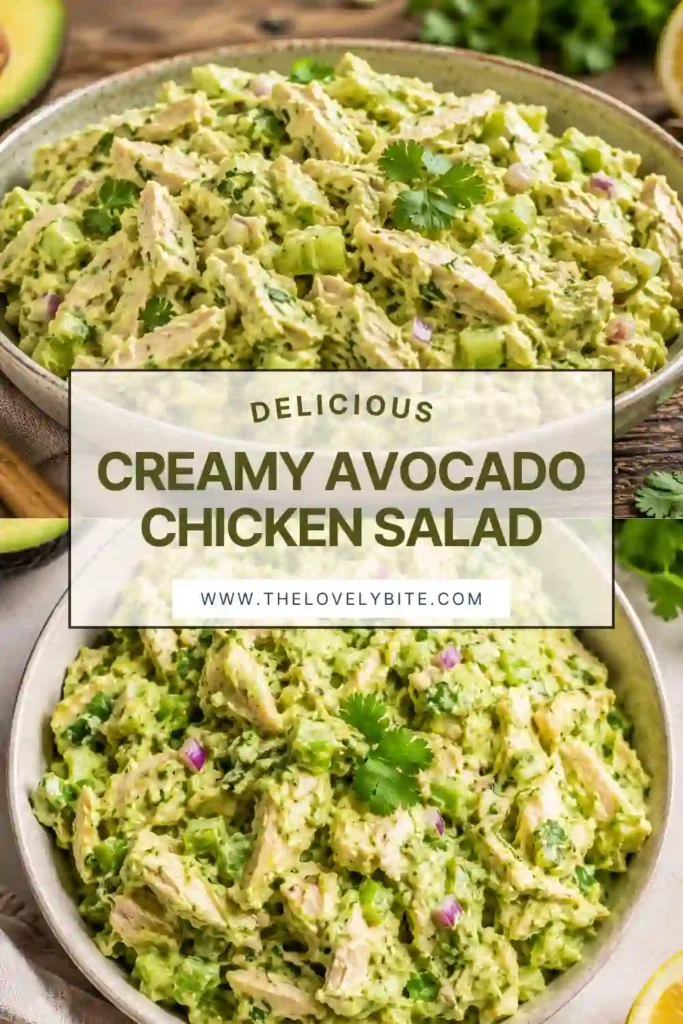 Fresh avocado chicken salad served in a white bowl with lime wedges and cilantro on the side. The creamy dressing coats every bite of shredded chicken and avocado.