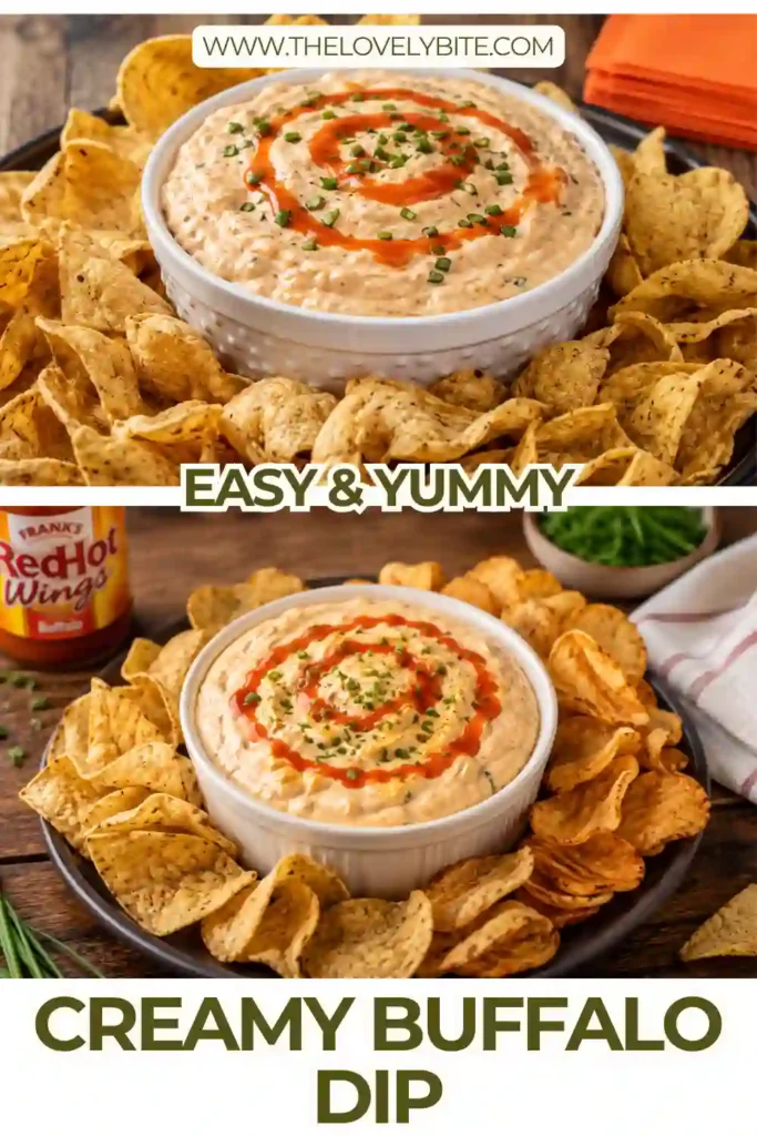 2. Homemade Creamy Buffalo Dip made with caramelized onions, cream cheese, sour cream, and buffalo sauce, garnished with fresh herbs.