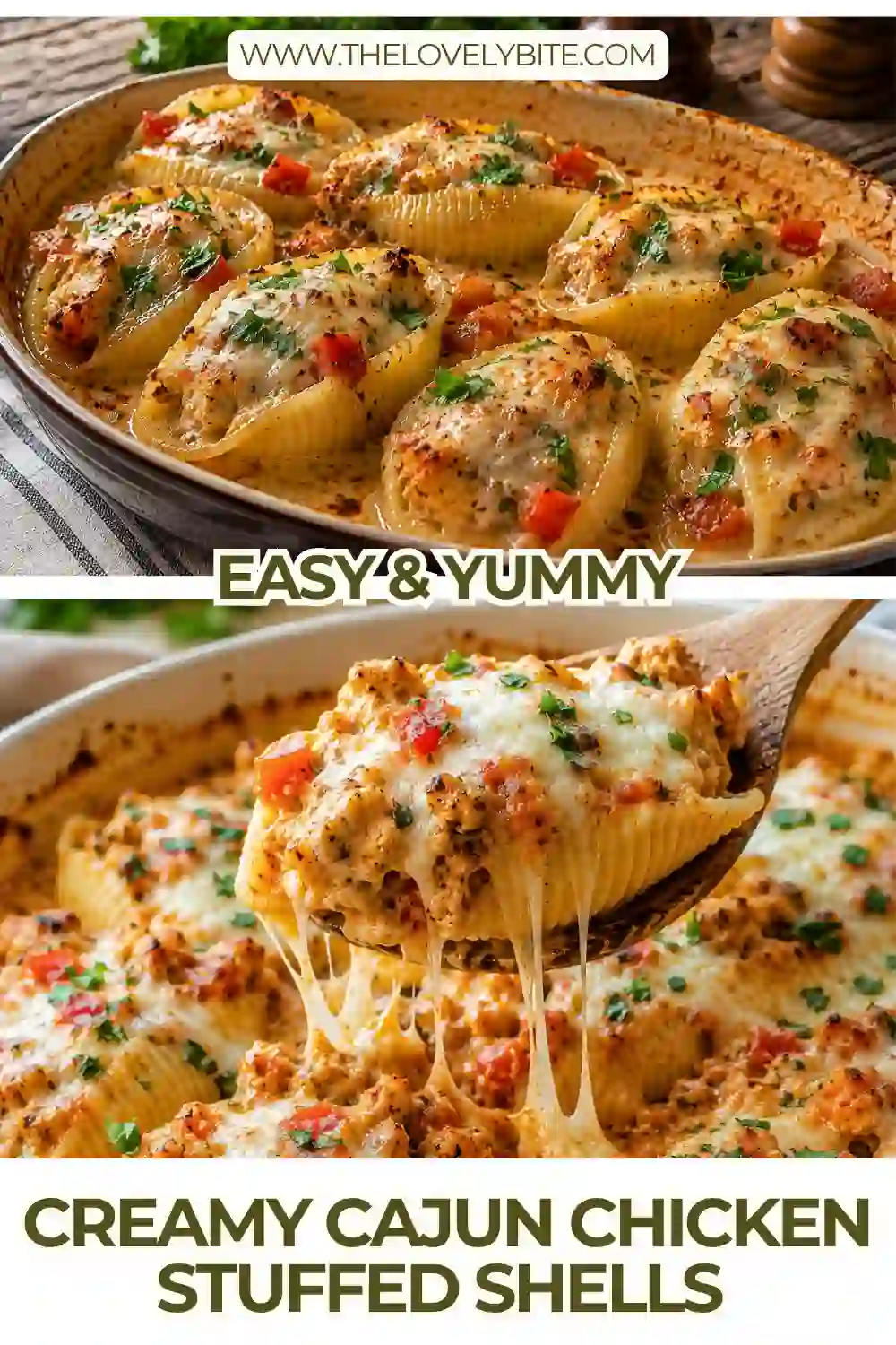 Freshly baked Creamy Cajun Chicken Stuffed Shells topped with melted Parmesan cheese and chopped parsley. The cheesy Cajun chicken pasta filling is rich, creamy, and perfectly baked.