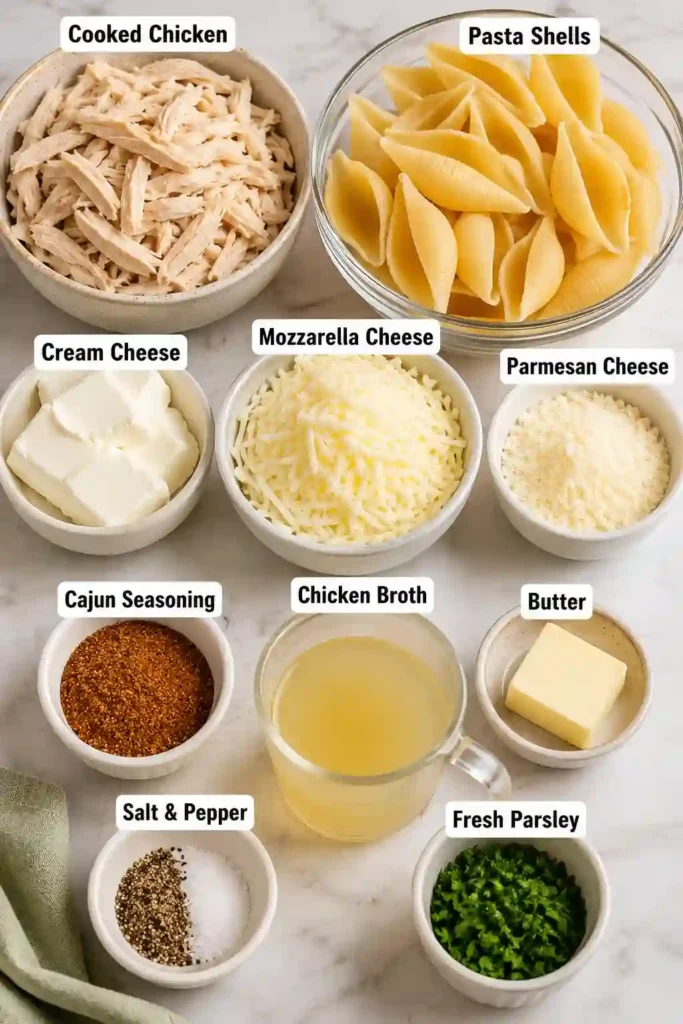Close-up of Creamy Cajun Chicken Stuffed Shells served with fresh parsley garnish. The creamy cheese filling and Cajun seasoning create an irresistible baked pasta meal.