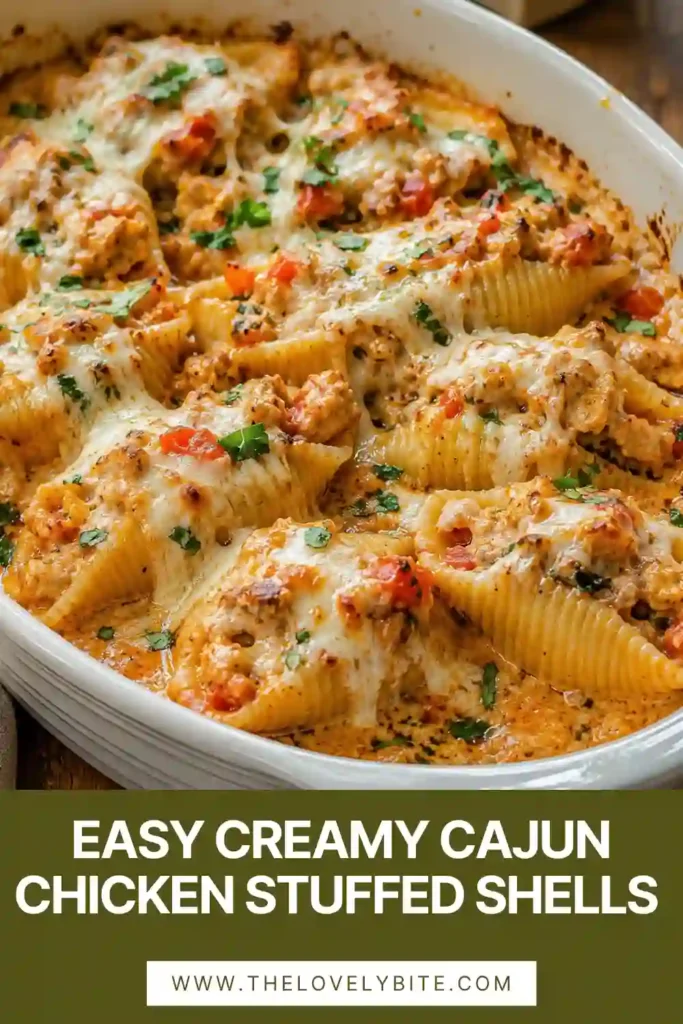 Creamy Cajun Chicken Stuffed Shells arranged in a baking dish with melted cheese and fresh herbs. This easy Cajun dinner is perfect for weeknight meals or family gatherings.