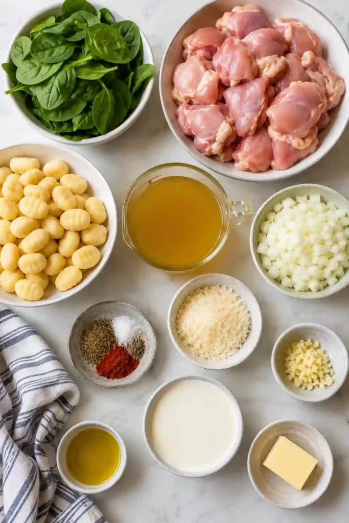 A skillet filled with creamy chicken and gnocchi made with tender chicken thighs, fresh spinach, and Parmesan cream sauce. This comforting one pan chicken gnocchi recipe is perfect for a cozy family dinner.