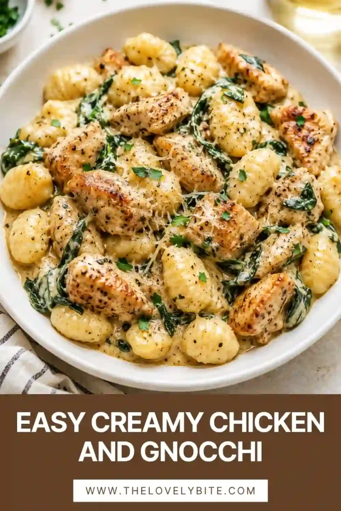 Creamy Chicken and Gnocchi served fresh from the skillet with spinach and Parmesan cheese. This easy chicken dinner is rich, creamy, and ready in just 35 minutes.