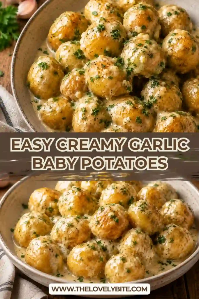 A bowl of Creamy Garlic Baby Potatoes coated in a rich Parmesan garlic cream sauce and garnished with fresh parsley. The potatoes are tender, creamy, and perfect as a comforting side dish.