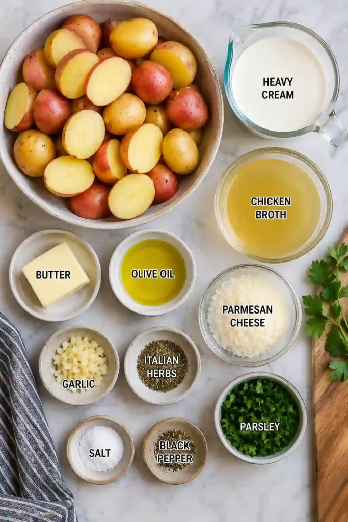 Garlic parmesan potatoes coated in a creamy homemade sauce with fresh herbs. This baby potato recipe is simple, hearty, and family-friendly.