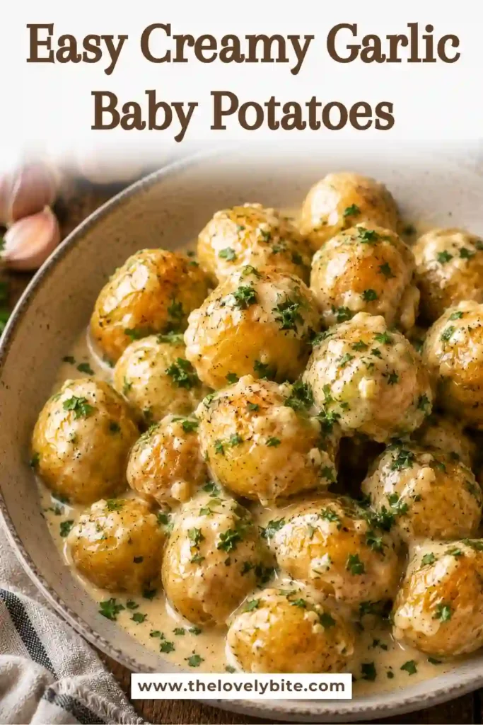 Golden baby potatoes covered in creamy garlic Parmesan sauce with chopped parsley. This easy potato side dish looks rich, smooth, and full of flavor.