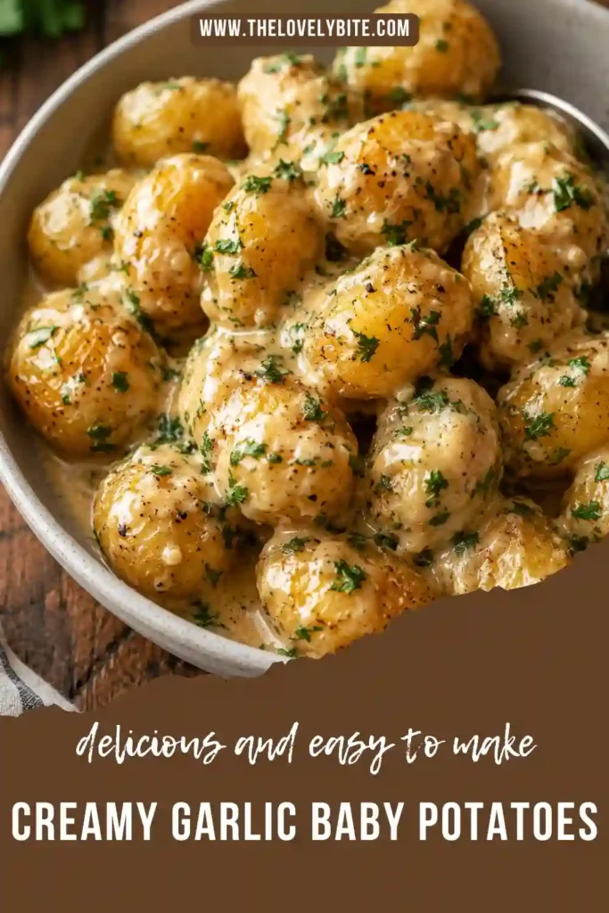 Tender creamy baby potatoes served in a rustic bowl with garlic cream sauce and freshly grated Parmesan. A comforting holiday potato side dish for any occasion.