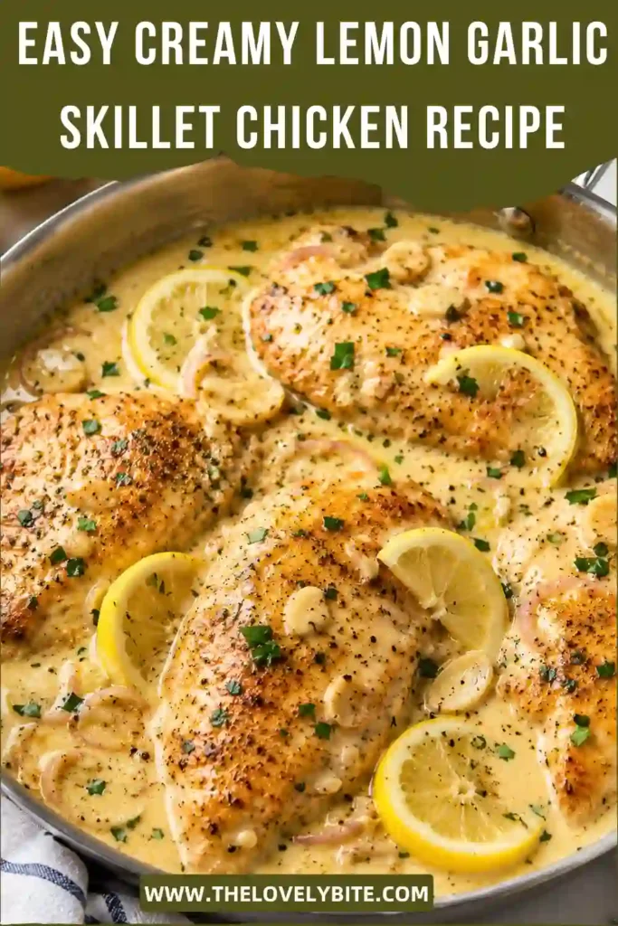 Golden pan-seared Creamy Lemon Garlic Skillet Chicken served in a rich lemon cream sauce with fresh parsley and sliced lemons. This easy one-pan chicken dinner is perfect for a comforting family meal.