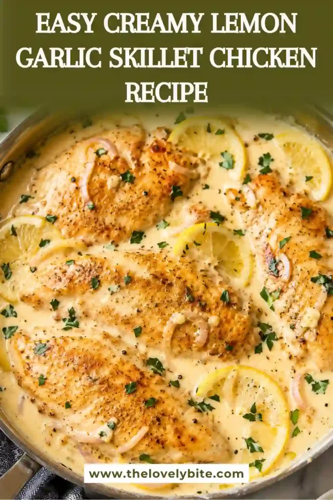 Juicy chicken breasts cooked in a creamy lemon garlic skillet sauce and garnished with fresh herbs. A simple yet elegant weeknight chicken recipe.