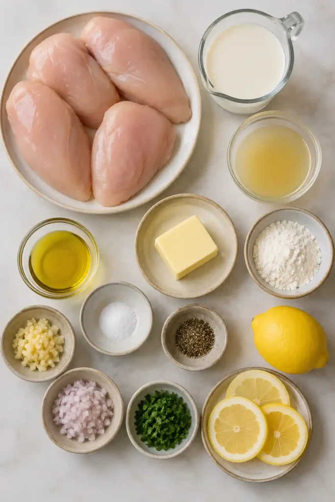 Creamy Lemon Garlic Skillet Chicken plated with lemon slices and parsley in a rich homemade cream sauce. A comforting high-protein chicken dinner.