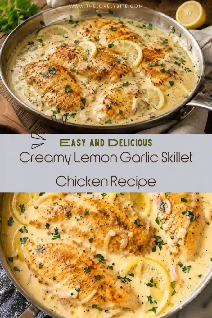One-pan Creamy Lemon Garlic Skillet Chicken served with a smooth lemon cream sauce and fresh parsley garnish. Ideal for quick family dinners.