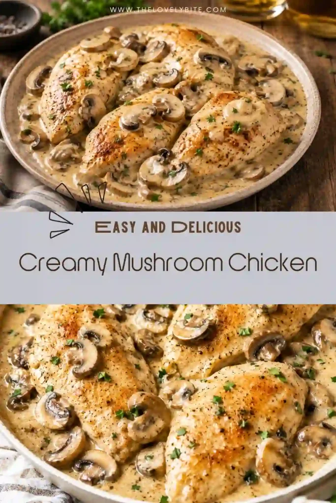 Creamy Mushroom Chicken served in a skillet with golden chicken breasts coated in a rich garlic mushroom cream sauce. Fresh herbs add a beautiful finishing touch.