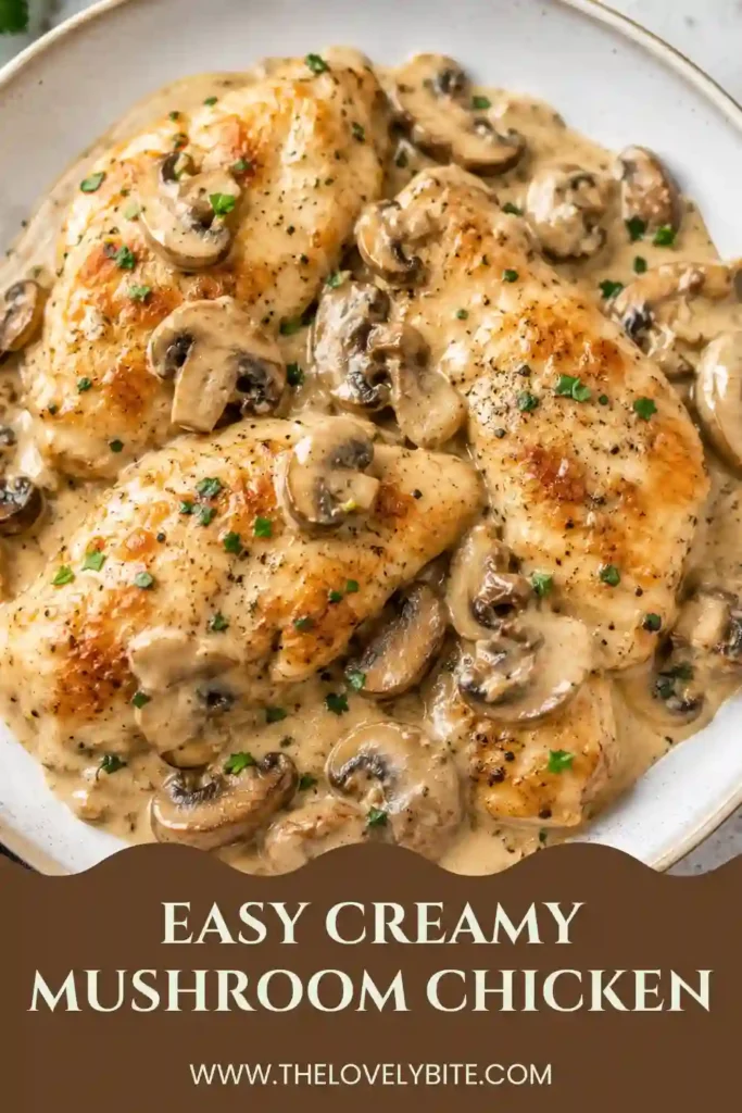 Tender chicken breasts simmered with sautéed mushrooms in a smooth, creamy sauce. This easy chicken dinner looks rich, comforting, and flavorful.
