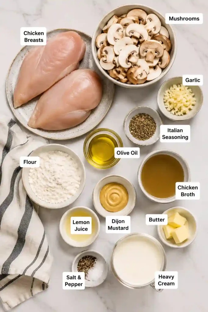 A close-up of Creamy Mushroom Chicken featuring juicy chicken, browned mushrooms, and a luxurious cream sauce perfect for family dinners.