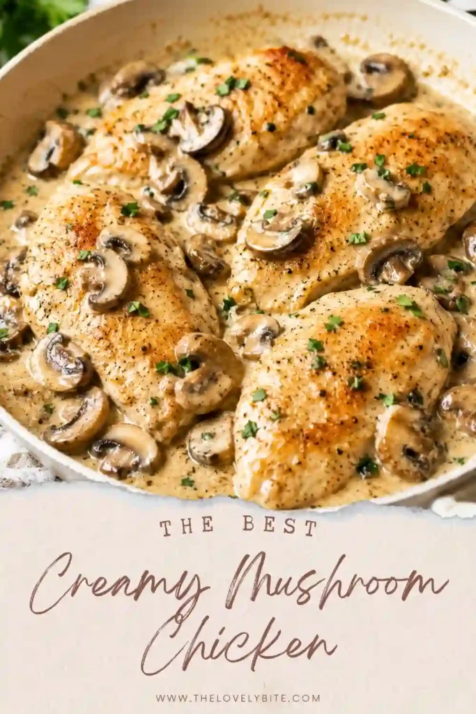 One pan Creamy Mushroom Chicken topped with fresh parsley and served with creamy mashed potatoes. The silky mushroom sauce makes every bite satisfying.