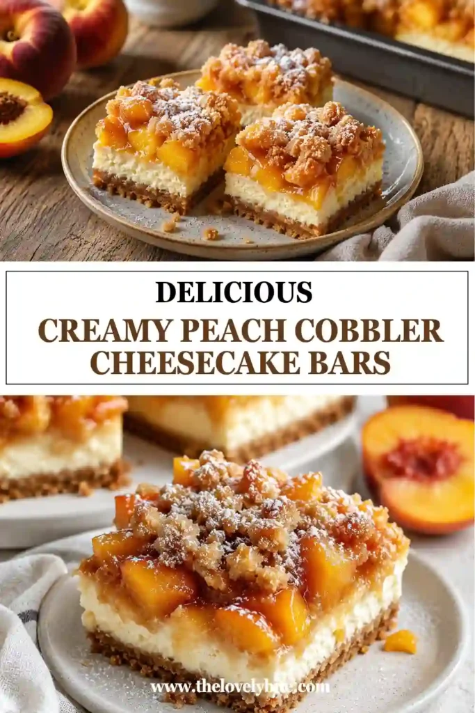 Creamy Peach Cobbler Cheesecake Bars sliced into neat squares with a buttery graham cracker crust and cinnamon-spiced fresh peach topping. This homemade peach cheesecake dessert looks rich, creamy, and perfect for summer gatherings.