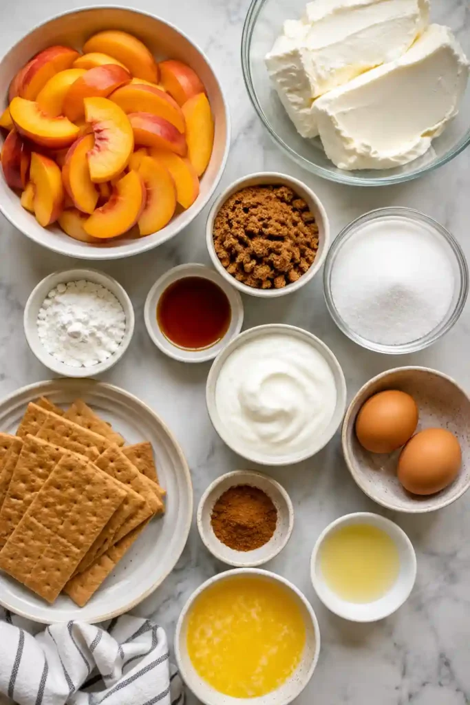 Close-up of Creamy Peach Cobbler Cheesecake Bars showing smooth cheesecake filling, juicy peach topping, and crunchy graham cracker crust. A delicious homemade peach dessert ready to serve.
