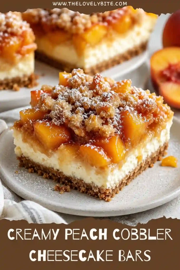 Fresh Peach Cobbler Cheesecake Bars topped with tender peaches and baked until perfectly set. The creamy filling and buttery crust create an irresistible homemade dessert.
