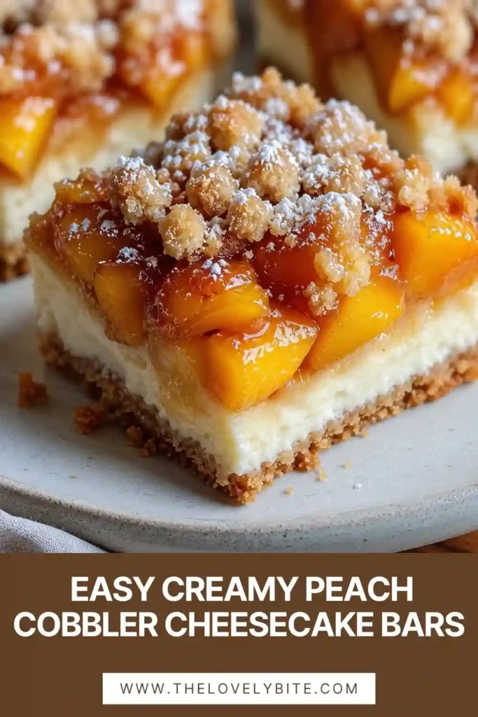 Homemade Creamy Peach Cobbler Cheesecake Bars arranged on a serving plate with fresh peach slices. Rich cheesecake meets classic peach cobbler flavors in every bite.