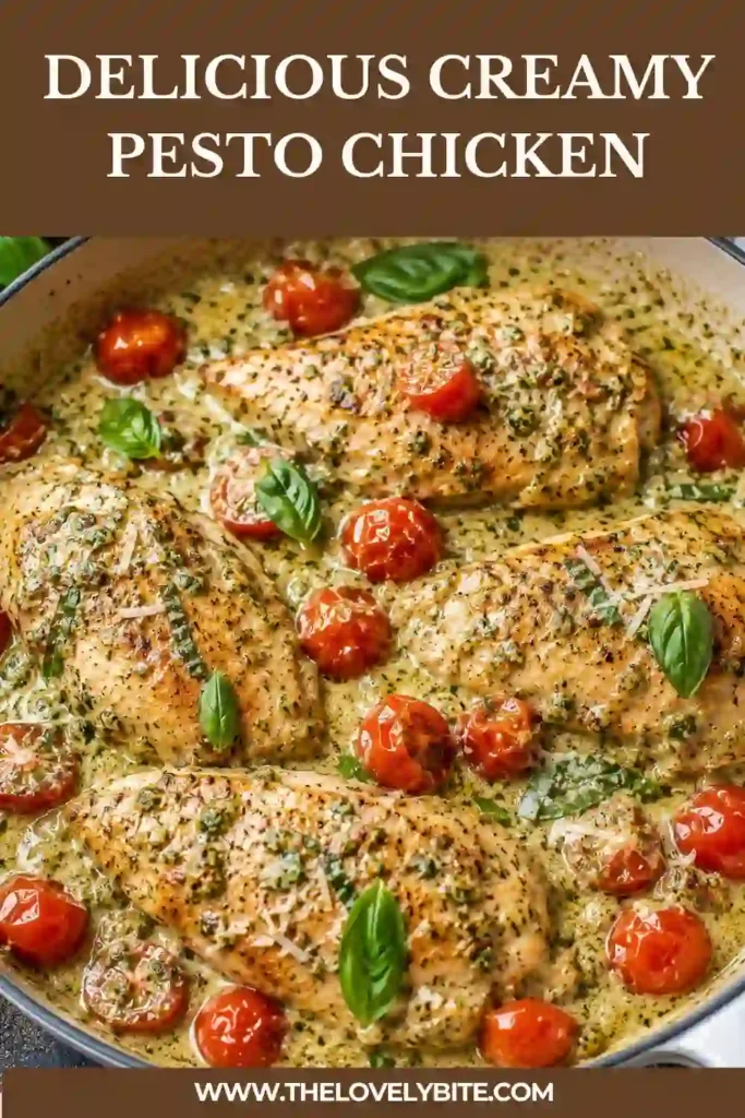 Tender chicken coated in creamy pesto sauce with roasted grape tomatoes. A delicious creamy chicken recipe perfect for quick family dinners.