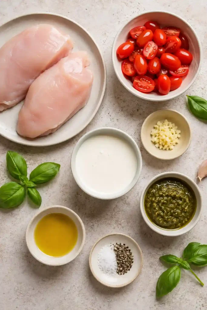 Creamy Pesto Chicken served in a skillet with juicy chicken breasts, grape tomatoes, and a rich basil cream sauce. This easy one pan chicken dinner looks fresh, comforting, and full of flavor.