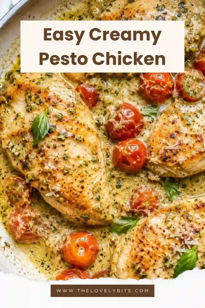Close-up of Creamy Pesto Chicken served over pasta with basil garnish. Rich, creamy sauce and perfectly cooked chicken create a comforting Italian-inspired meal.