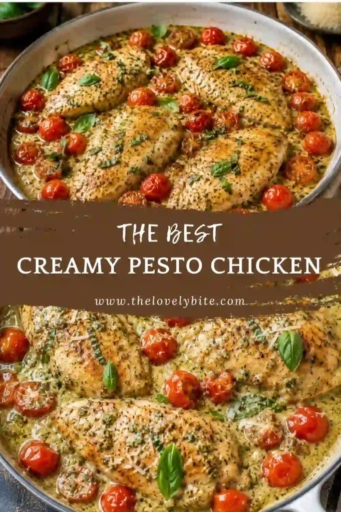 One pan Creamy Pesto Chicken featuring juicy chicken breasts, basil pesto, heavy cream, and fresh tomatoes. A quick weeknight chicken recipe with vibrant flavor.
