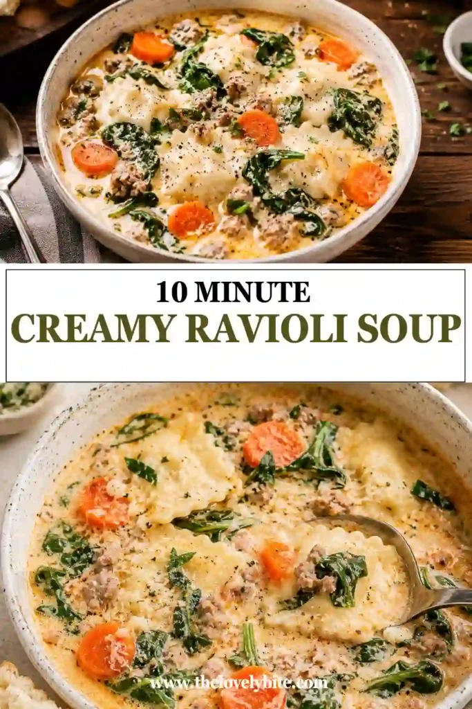 Rich and creamy tomato ravioli soup featuring cheese ravioli, fresh vegetables, and savory turkey. This comforting soup is ideal for cozy weeknight meals.
