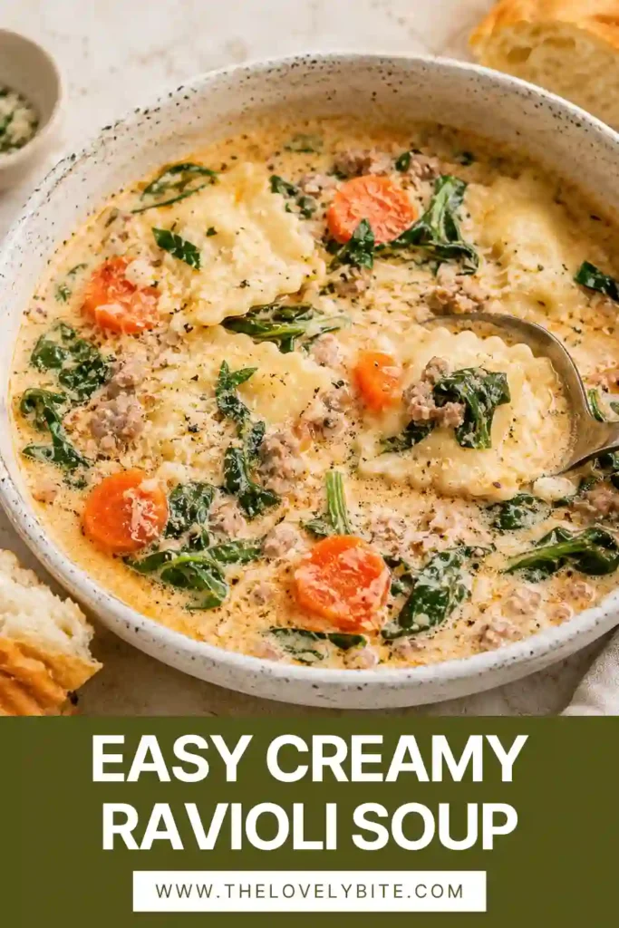 Creamy Ravioli Soup served hot with tender ravioli, wilted spinach, and Parmesan cheese in a velvety tomato base. A hearty one-pot soup perfect for family dinners.