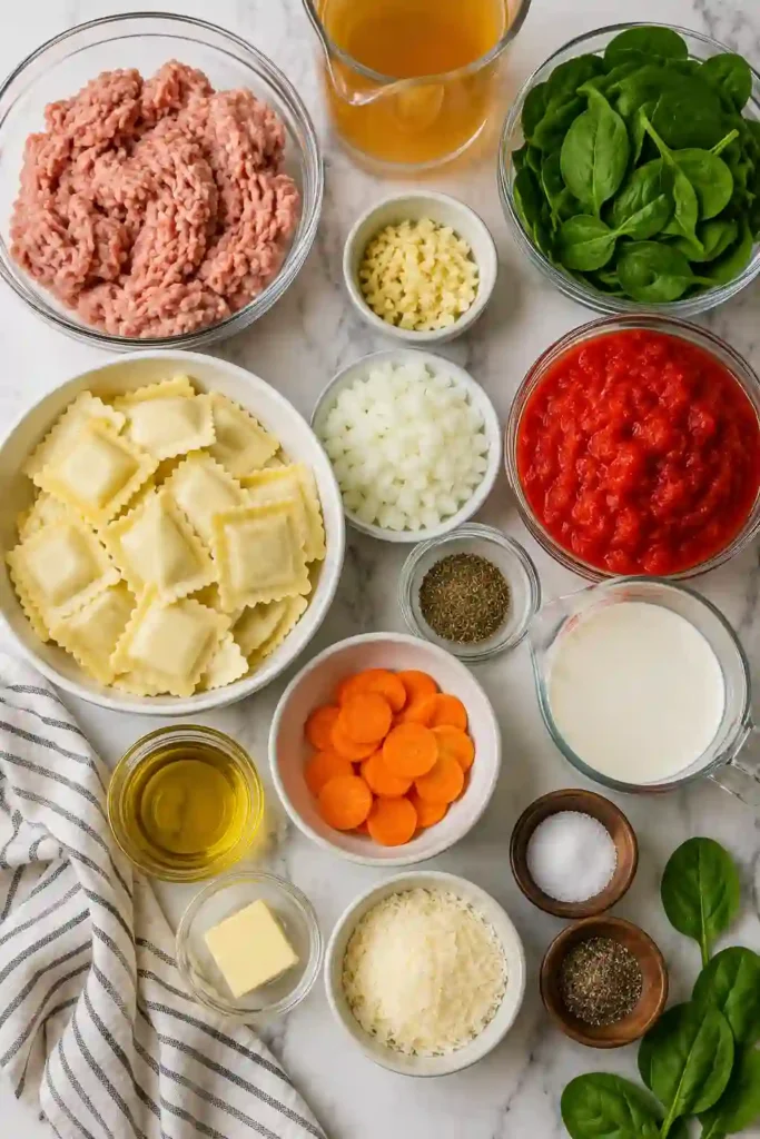 Homemade Creamy Ravioli Soup topped with fresh Parmesan and served warm. The creamy broth, spinach, and cheese ravioli create an inviting comfort food recipe.
