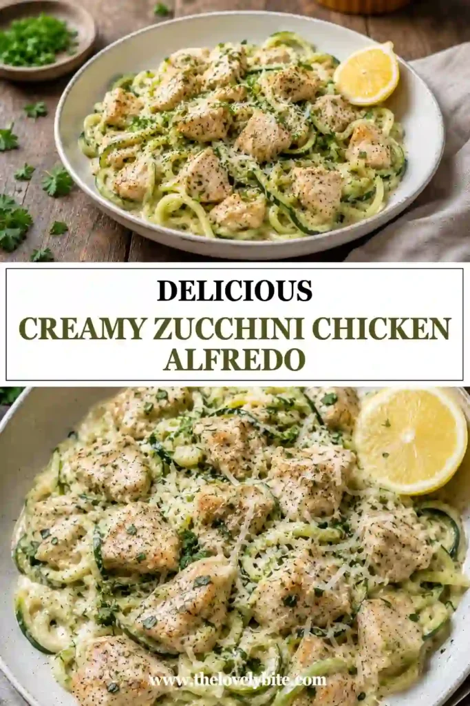 Fresh zucchini noodles coated in creamy Alfredo sauce with juicy seasoned chicken and chopped parsley. A healthy Alfredo recipe that's easy for weeknight meals.