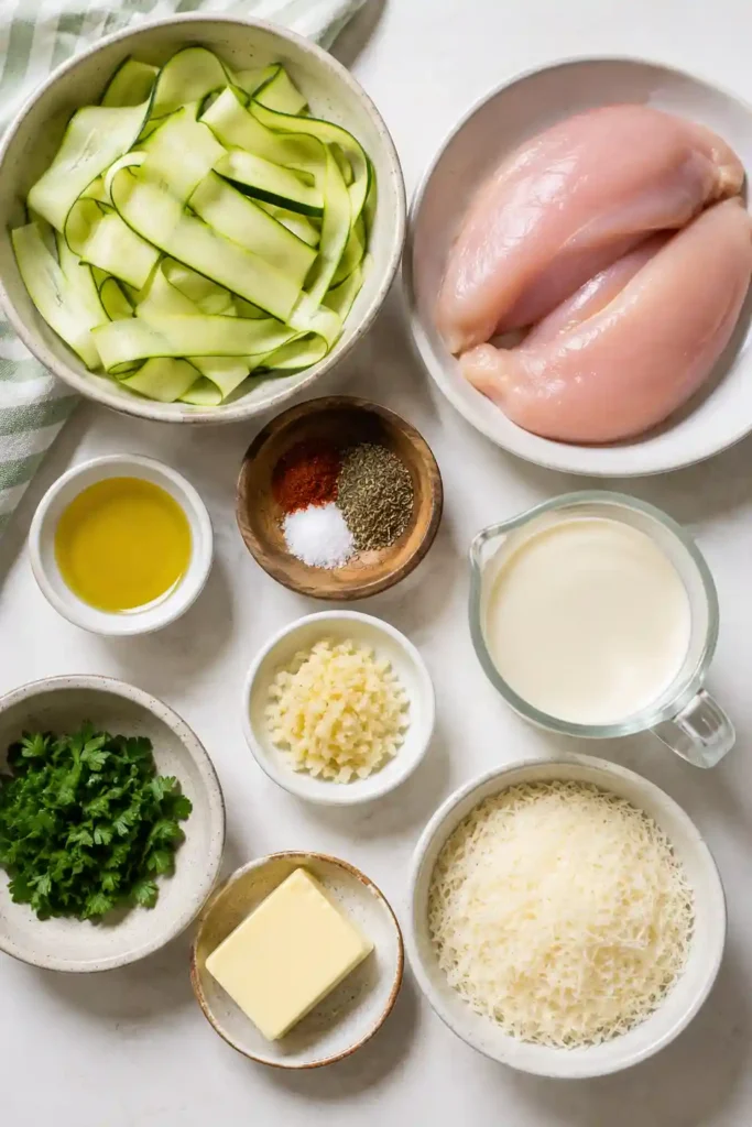 A bowl of Creamy Zucchini Chicken Alfredo made with tender chicken, fresh zucchini ribbons, and rich Parmesan cream sauce. This low carb chicken Alfredo is a comforting gluten-free dinner.