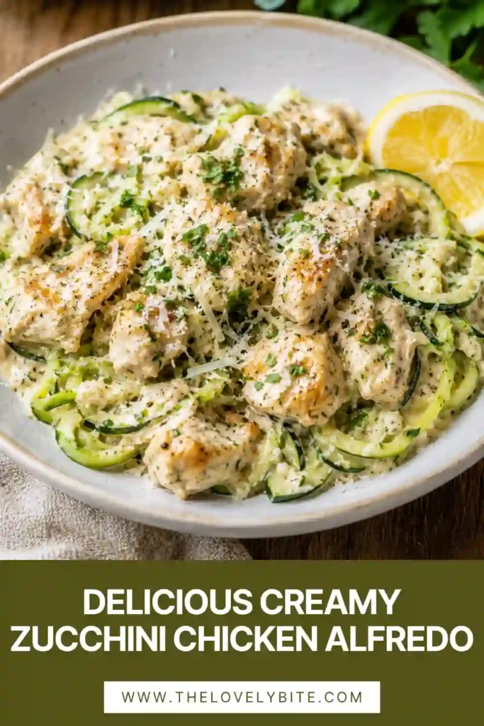 Close-up of creamy zucchini noodles mixed with grilled chicken and melted Parmesan cheese. This keto chicken zucchini recipe is rich, flavorful, and satisfying.
