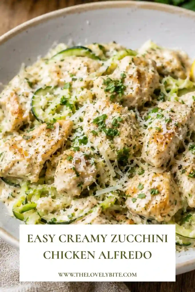 Homemade Creamy Zucchini Chicken Alfredo served warm with fresh parsley and extra Parmesan cheese. An easy low carb dinner made in one skillet.