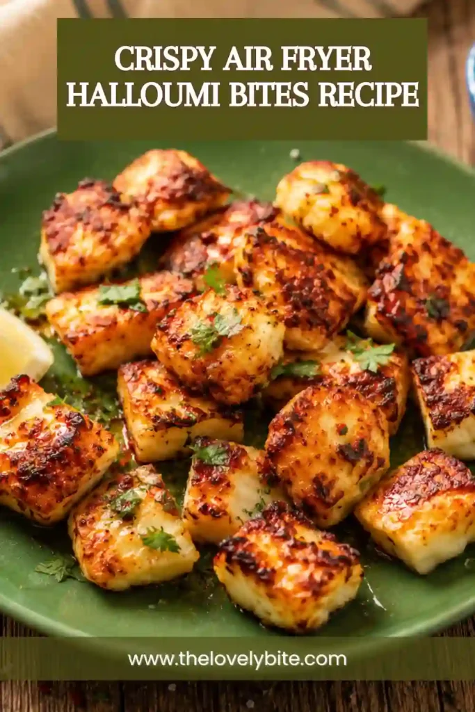 4. Air fryer halloumi bites garnished with herbs and honey on a wooden serving board under soft natural light.