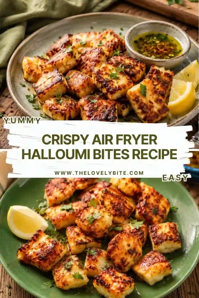 1. Golden crispy halloumi cubes arranged on a serving platter with honey drizzle and fresh herbs. A delicious air fryer appetizer photographed in natural lighting.