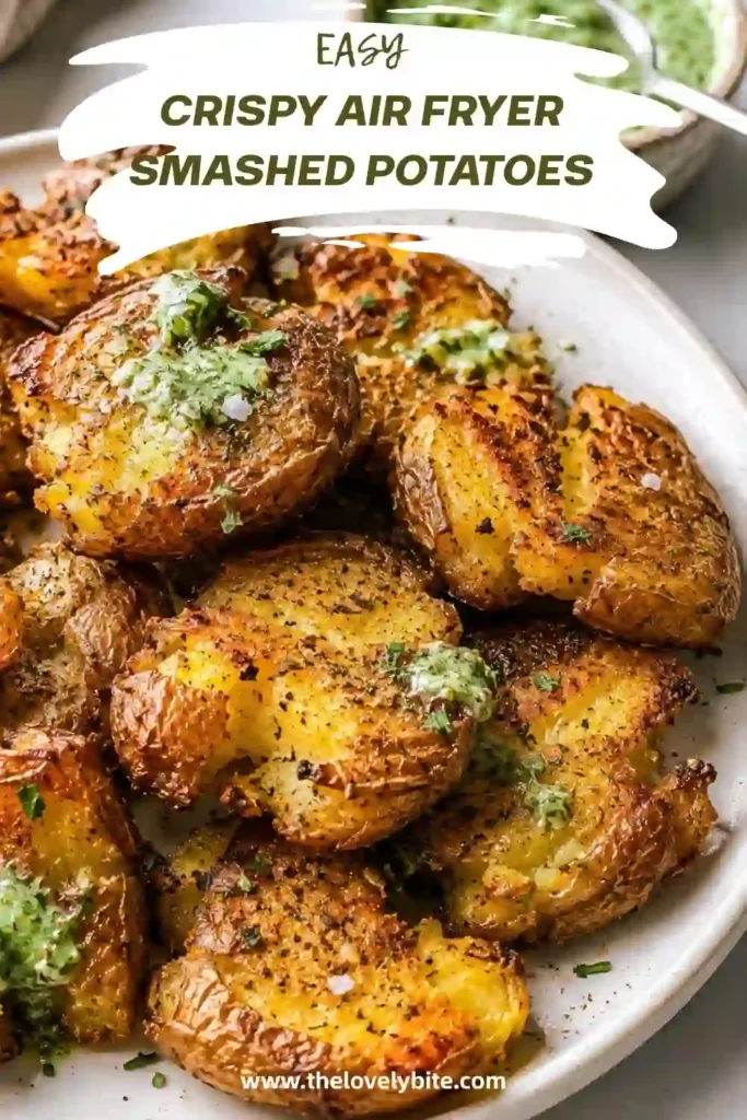 A plate of crispy Air Fryer Smashed Potatoes with golden brown edges and fluffy centers seasoned with smoked paprika and flaky sea salt. This easy potato side dish is perfectly roasted for maximum crispiness.