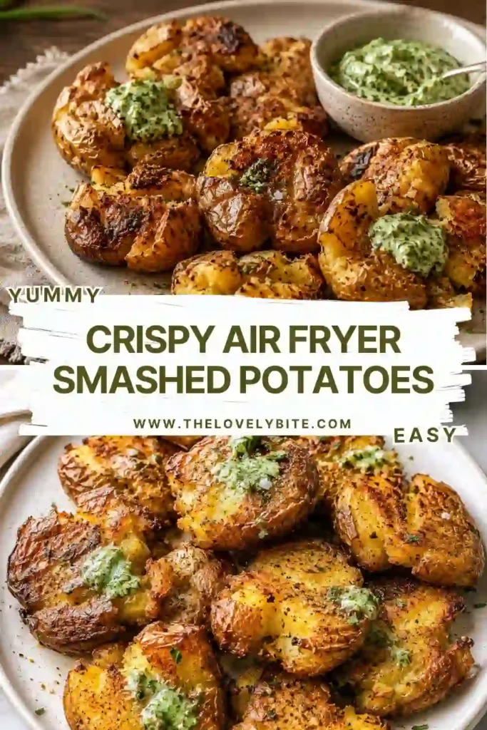 Freshly cooked Air Fryer Smashed Potatoes arranged on a serving plate with crispy edges and vibrant smoked paprika seasoning. A simple, delicious side dish for any meal.