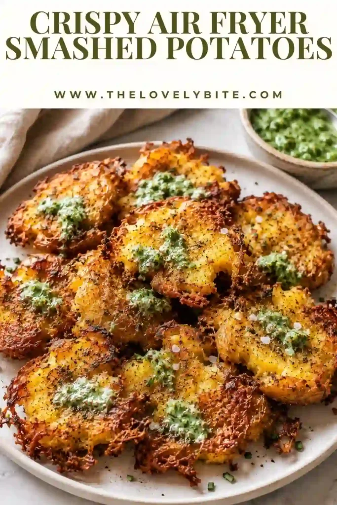 Close-up of crispy smashed potatoes cooked in an air fryer until golden brown and seasoned with olive oil, smoked paprika, and flaky sea salt.