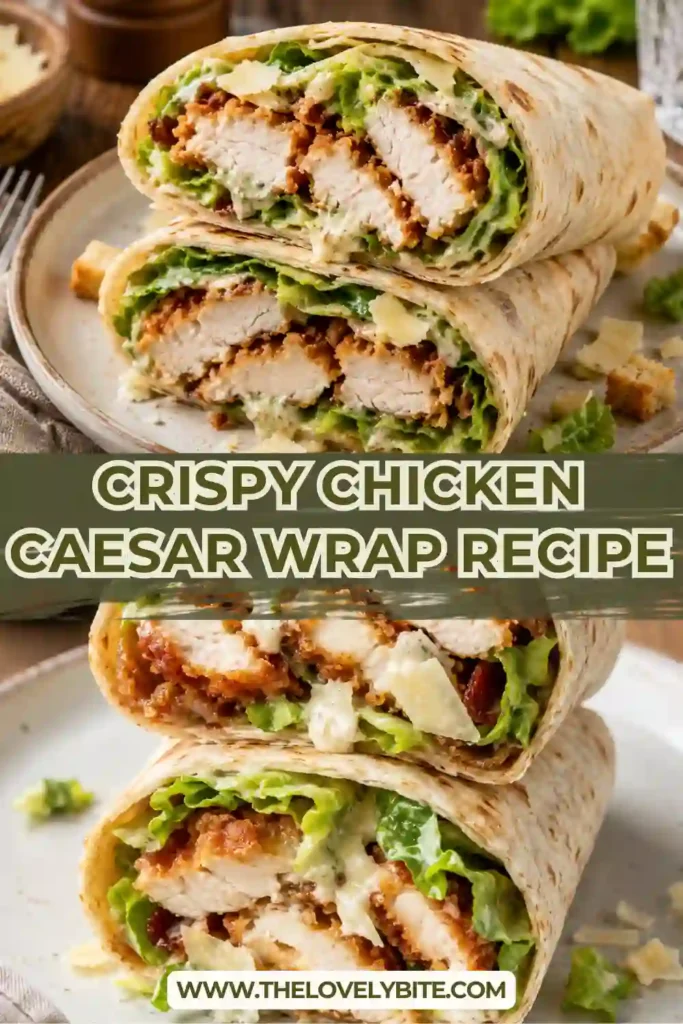 Fresh Chicken Caesar Wrap featuring crispy breaded chicken, crunchy romaine lettuce, turkey bacon, and creamy dressing wrapped in a toasted tortilla.