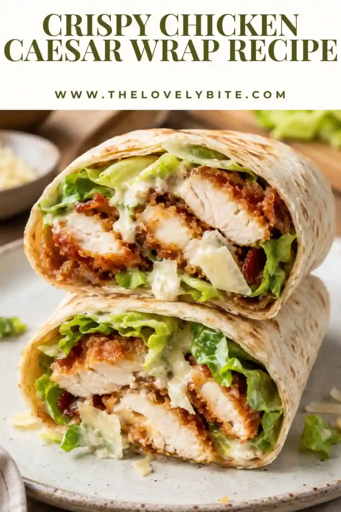 Golden toasted Chicken Caesar Wrap stuffed with crispy chicken, fresh lettuce, creamy Caesar dressing, and shaved Parmesan for an easy homemade lunch.