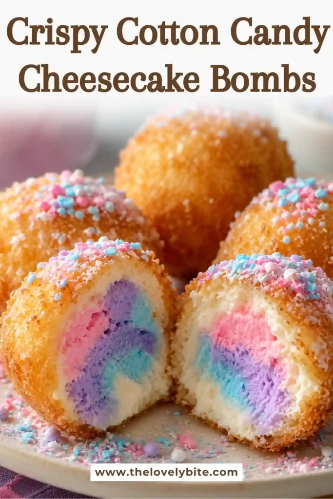 Homemade Crispy Cotton Candy Cheesecake Bombs dusted with powdered sugar and decorated with pink cotton candy.